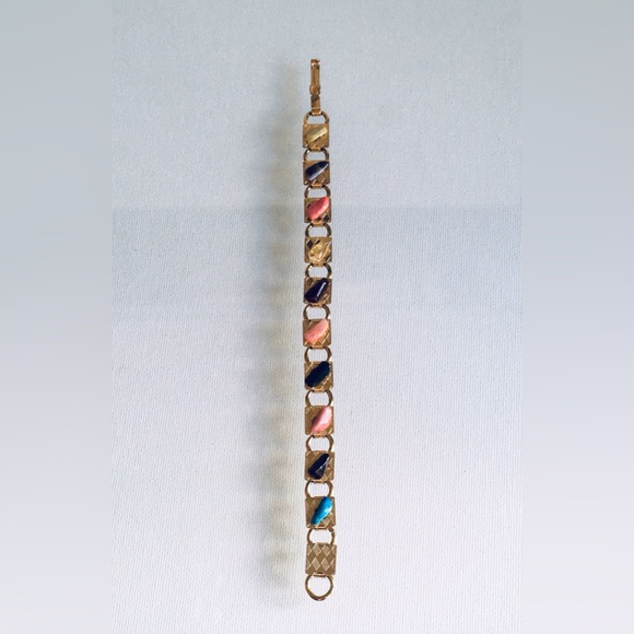 Vintage Natural Tumbled Semi-Precious Gemstone Gold Tone Metal Link Bracelet - Picture 6 of 6